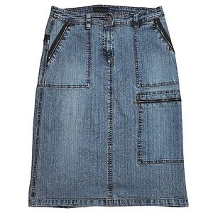 Armor Jeans Denim Knee-Length Pencil Skirt with 5 Cargo Style Zipper Pockets 7/8